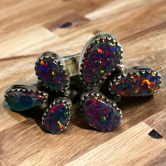 Aurora Opals Set in Solid Sterling Silver Flutter Ring - Picture 3 of 11